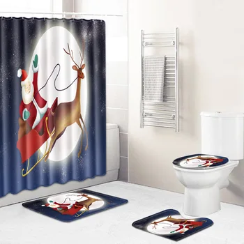 

Christmas Elements Bathroom Shower Curtain Floor Mat Toilet Seat Mat Four-piece Polyester Material