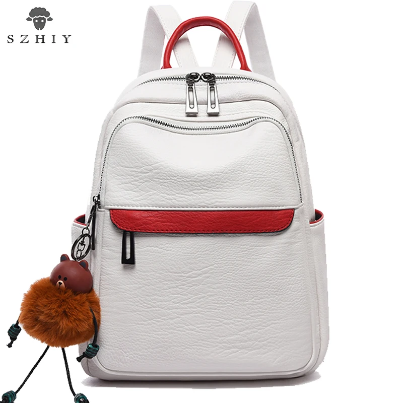 

New Simple Women Zipper Backpack PU Soft Leather Bagpack College Style School Bags for Teenager Girls Cute Bear Pendant SZHIY