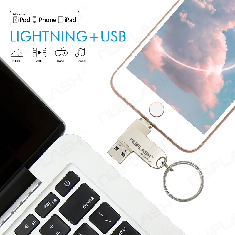 Original Nuiflash Flash Drive 128GB 256GB iXpand Go USB 3.0 Pendrive Memory Stick Metal OTG Dual Slot U Disk For iPhone/iPad/PC 32gb usb stick