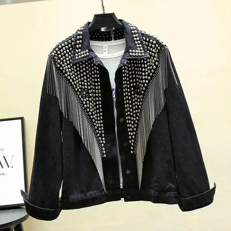 

New Denim Jackets Women 2020 Spring Black Jean Jacket Female Coat Outerwear Women's Denim Jacket Girl Fringe Rive Coats Woman