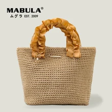 

MABULA Ruched Design Handmade Straw Handbag for Beach Summer Top Handle Travel Purses Eco Shopper Bag
