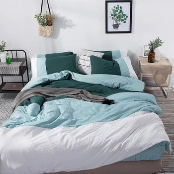 

Nordic Blue White Bedding Set Solid Color Blocking Duvet Cover Flat Fitted Sheet Bed Linen Soft Washed Cotton Queen Home Textile