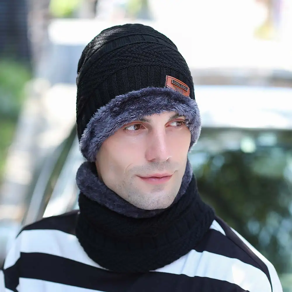 Теплая вязаная шапка зимняя Кепки Для мужчин хлопковый флисовый пижамный комплект теплые модные аксессуары Для мужчин 'S шапка зимняя шапка; шарф набор вязаная шапка