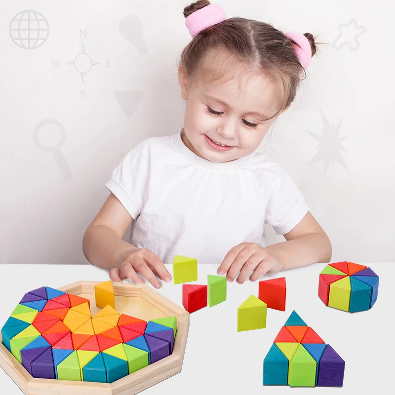 

Basswood Large Triangular Children Construction Assembling Boxed Building Blocks 12 Color Stacked Children Imagination Early Edu