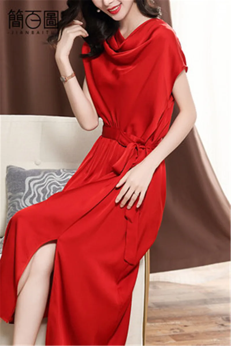 

High-end Luxury Silk Dress Women New Spring 2020 Branded Satin Silk Dress Solid Color Short Sleeve Women's Long Dress WZ178