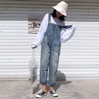 

Women Denim Jumpsuit Bib Jeans Overalls Casual Basic Washed Jeans Trousers Leisure Loose Pants Wide Leg Rompers