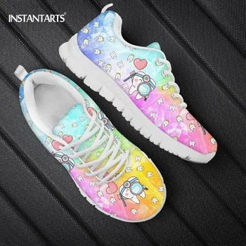 

INSTANTARTS Rainbow Color Dentist Women Flats Shoes Lace Up Comfortable Walk Sneakers Cute Teeth Design Girls Casual Shoe Light