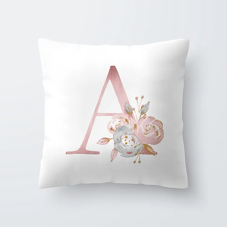 Pink Letter Decorative Floral Pillow Gold Alphabet Cushion for Sofa Polyester Pillowcase Decoration Salon