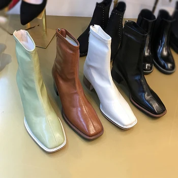 

Small Sumin boots women's thick heel square back zipper wood grain thick heel commuter short boots ol versatile b39f