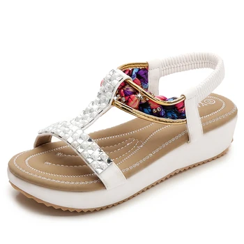 

Ladies Sandals Women Bohemian Beach Sandals Black Pink White Crystal Women Shoes Casual Ethnic Sweet Wedges 4.5CM Flat Sandals