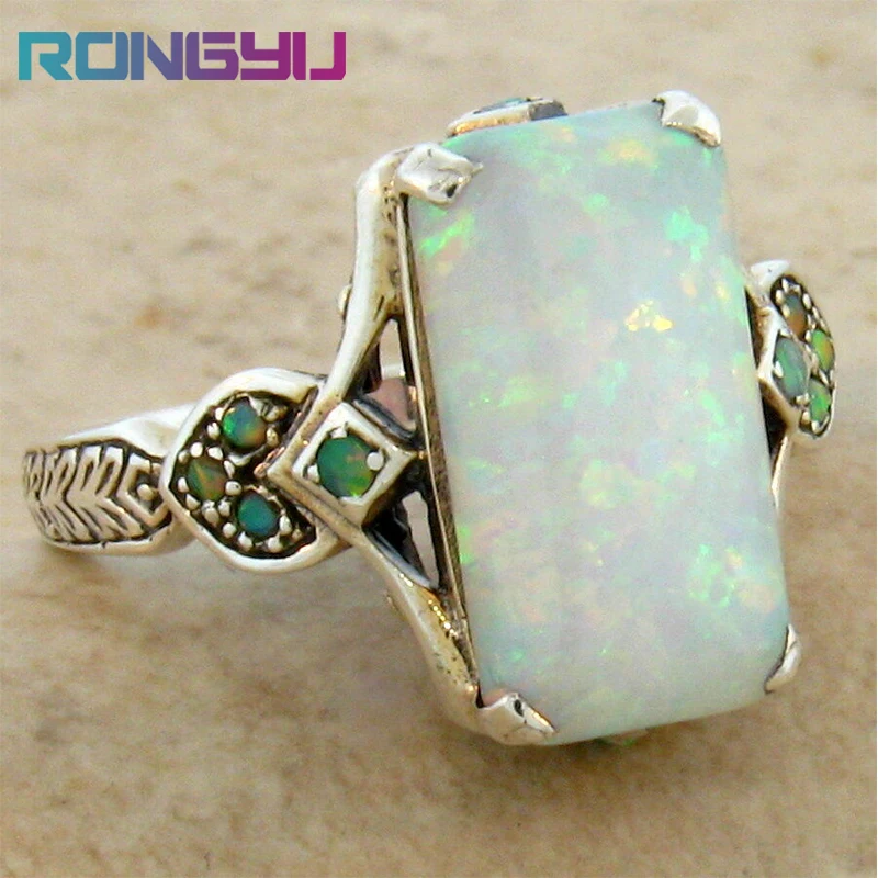 

Vintage Antique Silver Color Victorian Colorful Opal Ring Aobao Rings for Women Men Bohemian Statement Fine Jewelry Finger Rings