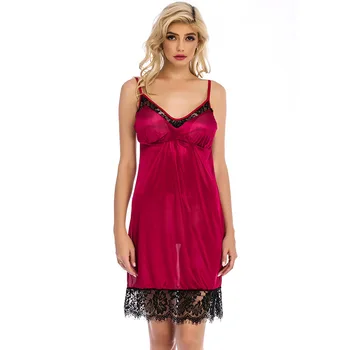 

Ladies Nightdress Women's Sling Solid Color Home Sleeping Nightdress Lace Spell Simulation Silk Nightdress
