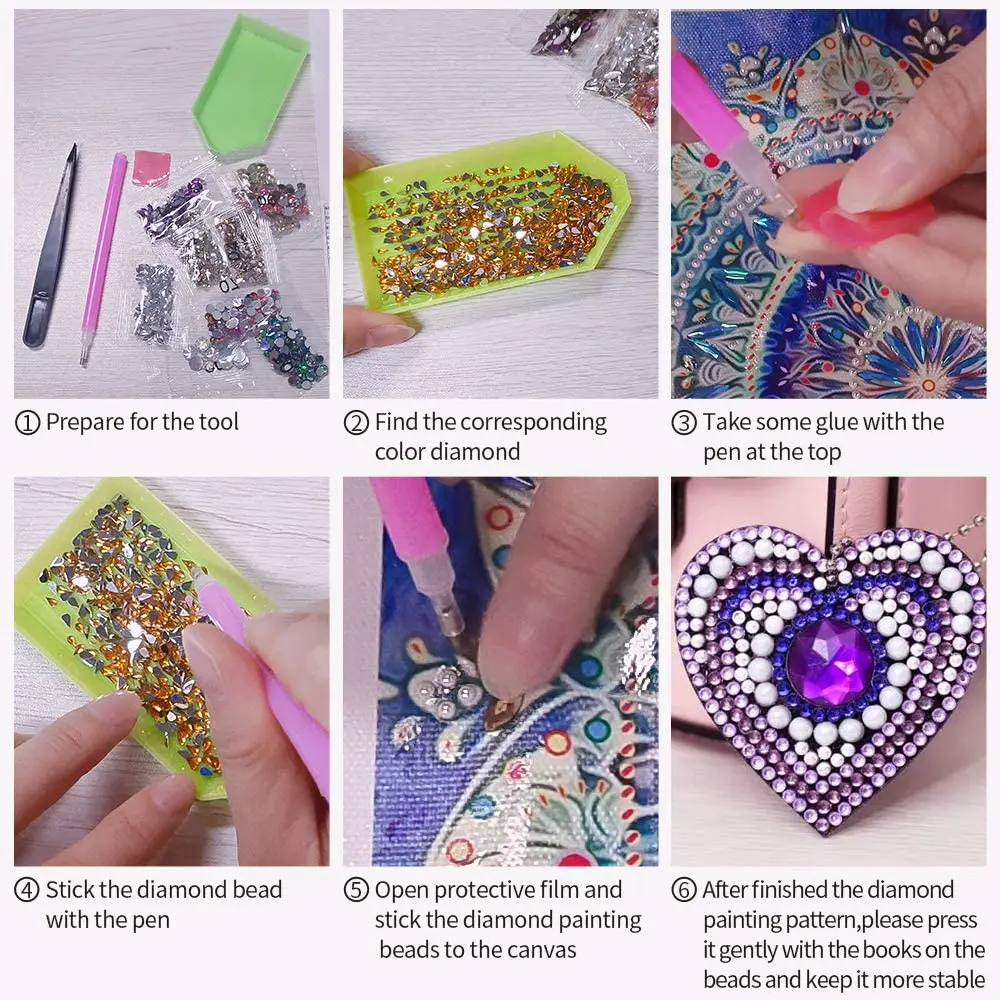 5PCS Diamond Painting Keychain Kits Kids and Adult 5D Paint with Diamonds by Numbers Love Heart Diamond Pendant Key Ring diamond keychains