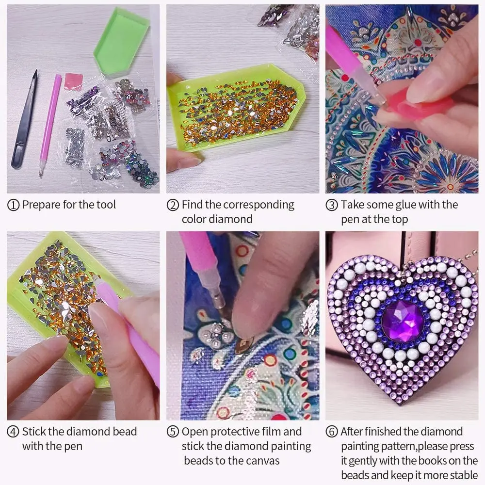 5PCS Diamond Painting Keychain Kits for Kids and Adult 5D Paint with Diamonds by Numbers Love Heart Diamond Pendant Key Ring