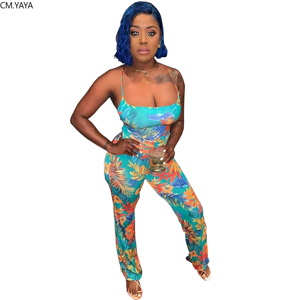 

2020 Spring Summer Women Skinny Jumpsuit Backless Sleeveless Strap Leaf Print Rompers Sexy Night Club One Piece Outfits GL5236