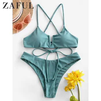 

ZAFUL Ribbed Thong V Shape Bikini Women Swimwear Swimsuit Female Two-Pieces Bikini Set High Cut Bather Bathing Suit