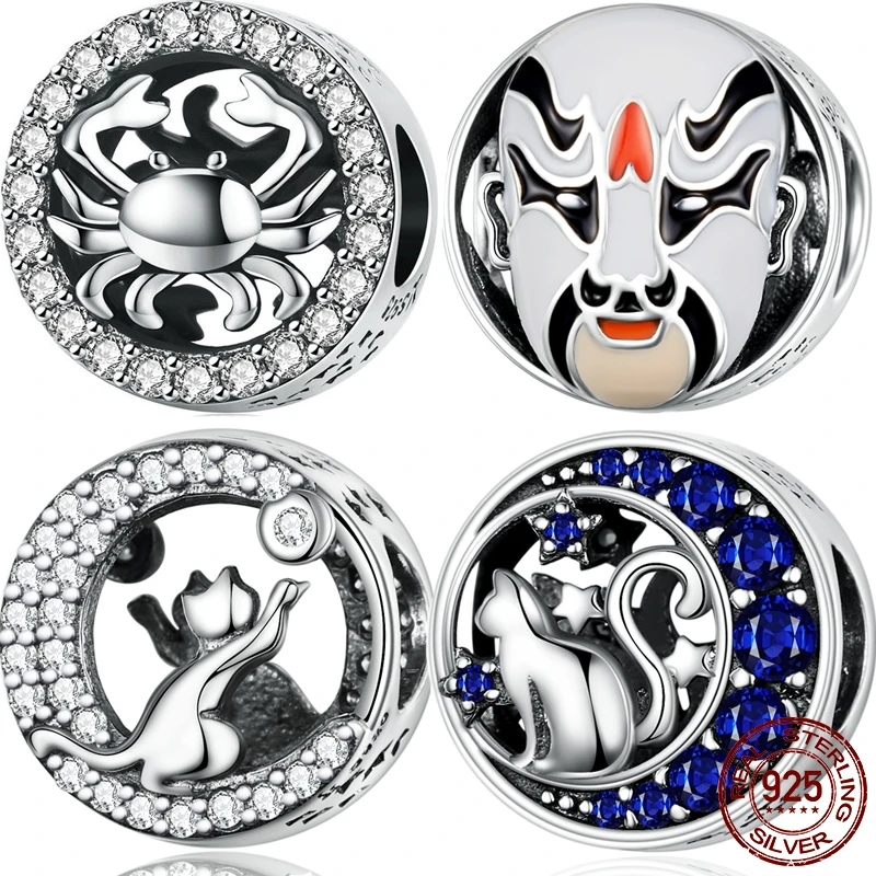 

925 sterling silver round moon cat beads suitable fit charm original Pandora silver bracelet & Bangle DIY jewelry gift