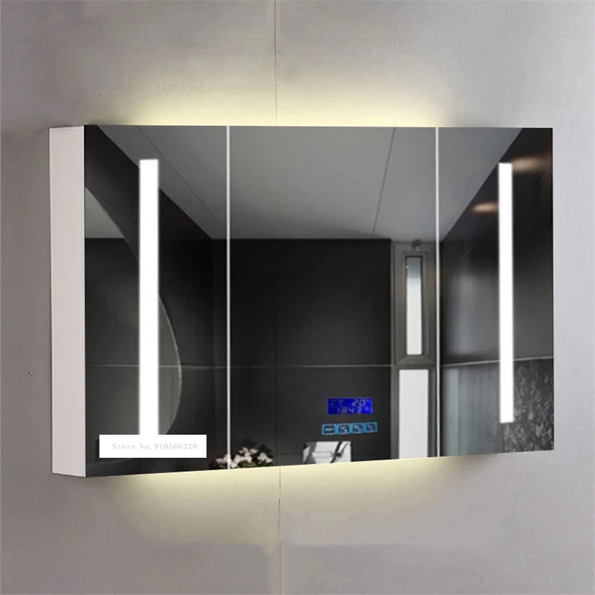 

90/100/110/120/130cm Smart Mirror Cabinet Antifog Modern Bathroom Toughened Glass Solid Wood Wall Mounted Cabinet 110V/220V