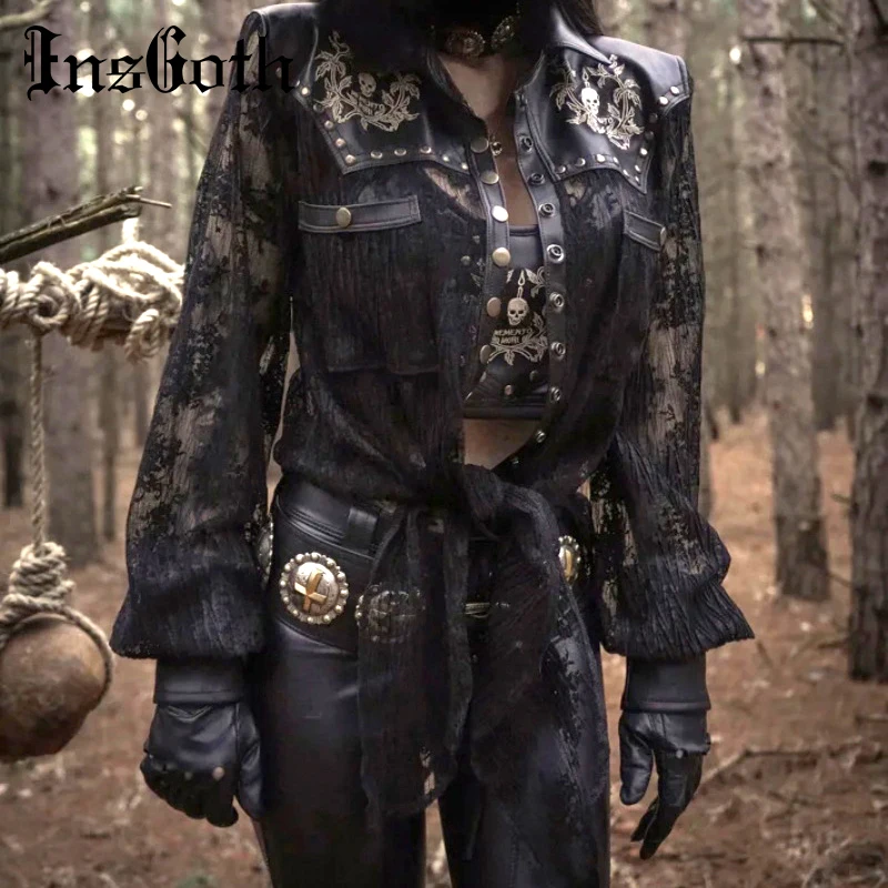 Greatest  InsGoth Women PU Leather Jacket Gothic SKull Embroidery Coat Leather Patchwork Hollow Out Lace Up G