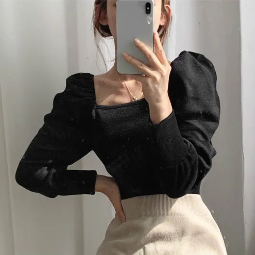 Neploe Autumn Winter Bottom Pull Femme Vintage Square Collar Pullover Knitwear Women Puff Sleeve Solid Slim Knitted Tops 55236 - Color: black