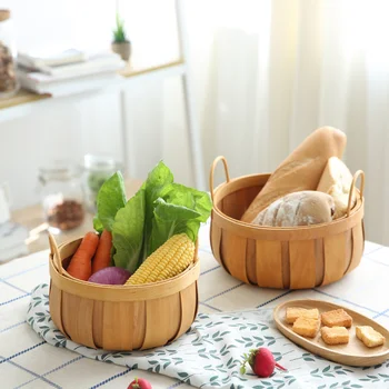 

Pastoral wood woven basket round fruit basket vegetable basket ears handle woven basket bread basket storage basket LM7251511