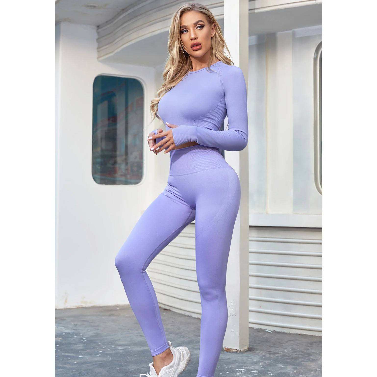 

2 Piece Seamless Yoga Set Women Fitness Clothing Sports Bra Long Sleeve Crop Top Knitted High Waist Leggings Sportswear Gym Set