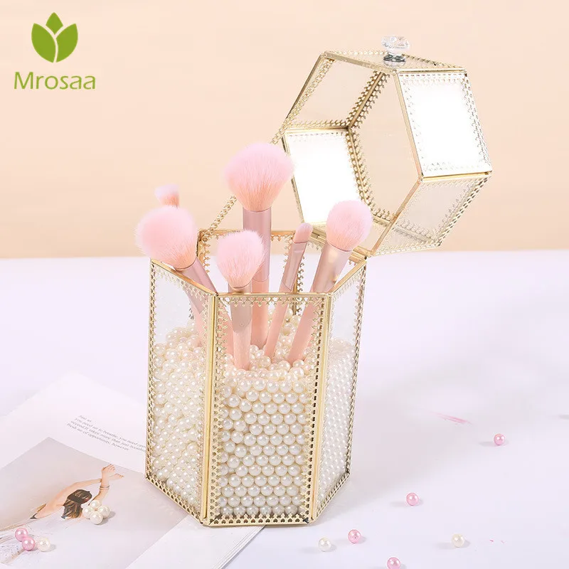 

Geometric Glass Makeup Brush Box Holder Jewelry Box Pencil Bucket Makeup Organizer Desktop Cosmetic Storage Box Pearls Barrel