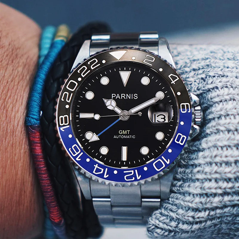 

Parnis 40mm Automatic Mechanical Watch Men Luxury Brand GMT Sapphire Crystal Ceramic Bezel Luminous Waterproof Male Wristwatch