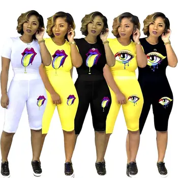 

Lip Eyes Printed Two Piece Sets Short Sleeve Tops and Biker Shorts 2020 Women Summer Sweatsuits Sporty Skinny Tracksuits Outfits