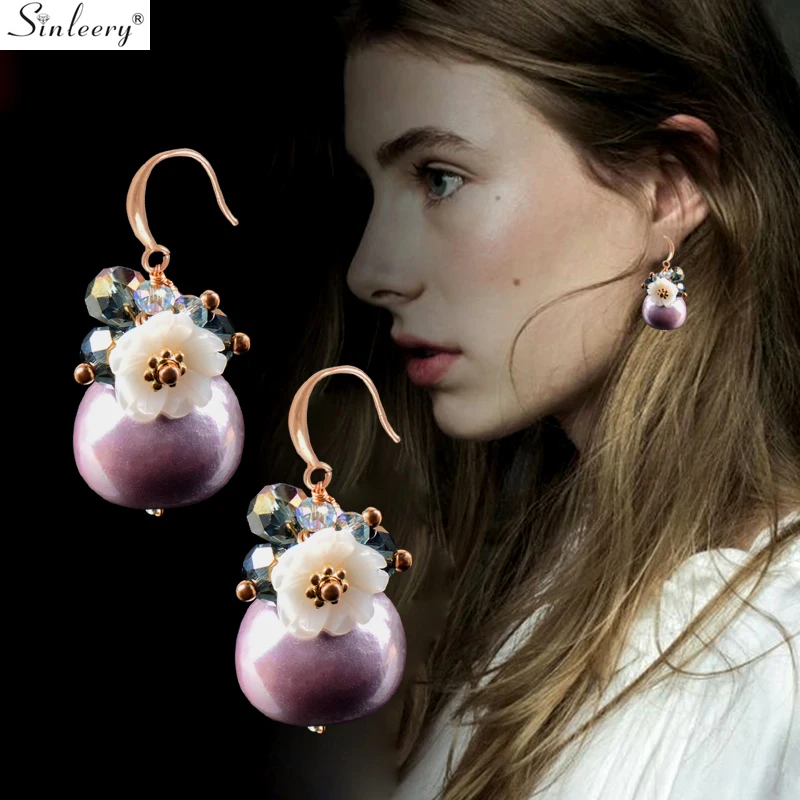 

SINLEERY Bohemian Handmade Cute Drop Earrings Natural Shell Flower Red Purple Color Pearl Earrings For Women Jewelry ES712 SSA