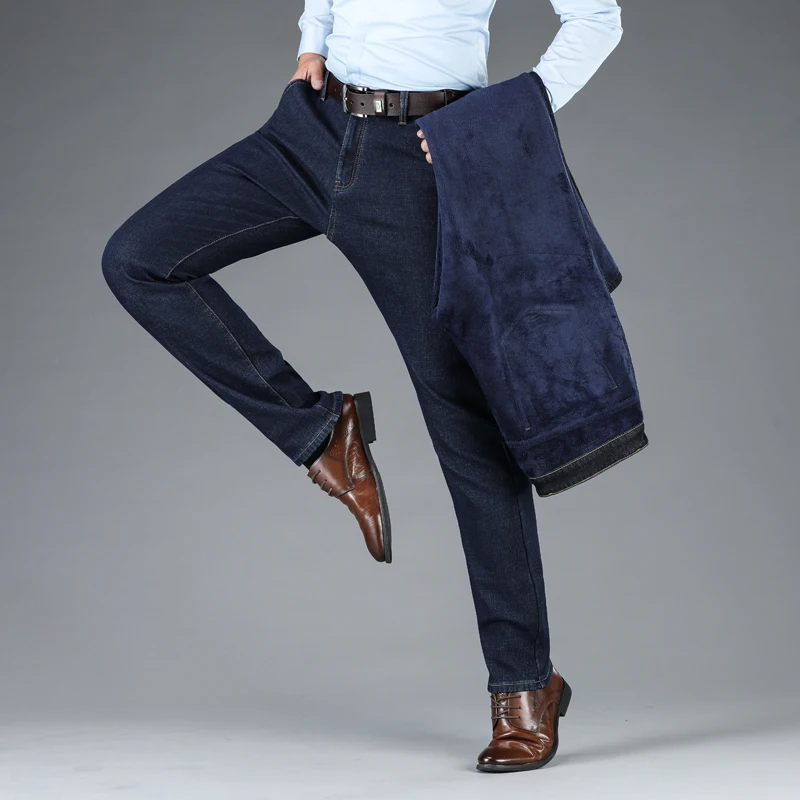 Xuansheng, флисовые мужские джинсы,, прямые, зимние, классические, деловые, повседневные, уплотненные, эластичные, брендовые, длинные штаны, синие, черные джинсы