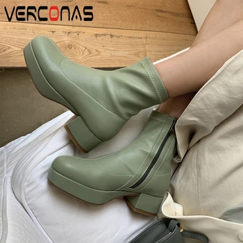

VERCONAS Concise Women Ankle Boots Autumn Winter Shoes Woman Genuine Leather Stretch Boots Casual Platform Thick Heels Zip Boots