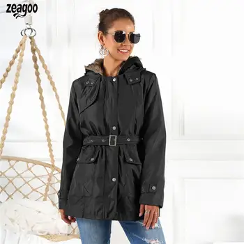 

Women Solid Hooded Coat Winter Long Casual Sleeve Belt Autumn, Belt, Loose Casual Outwear With Pockets