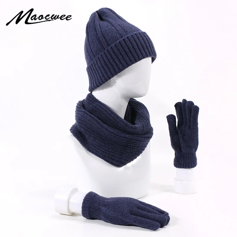

New Arrived Skullies Winter Knitting Hat Scarf Set For Men Woman Solid Color Warm Cap Scarves Male Winter Outdoor Caps Gloves