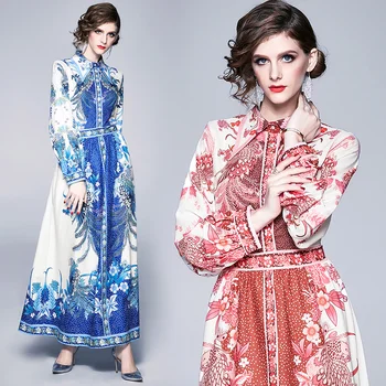 

Banulin Women Runway Dress 2020 Spring Autumn Dresses Baroque Phoenix Floral Lantern Sleeve Maxi Vestidos Longo Shirt Dress