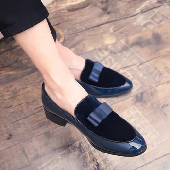 

New Men Bow Tie Dress Shoes Fashion Pointed Toe Casual Shoes Black Blue Gentlemen Wedding Business Dress Shoes Leather Shoes
