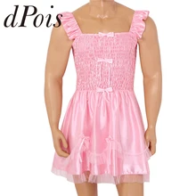 Gay Мужское нижнее белье Sissy для взрослых и детей, платье для кроссдресса без рукавов, с лентами, бантами, рюшами, лифом, прозрачным слоем сетки, атласное нарядное платье