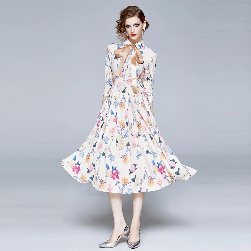 

2020 Spring&Autumn New White Printed Pattern Women Dress Bow Pleated Party Dress Casual Vestidos Fashion Free Shipping