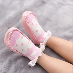 Primavera e outono bebê meias sapatos pontos tricô rendas fundo macio antiderrapante infantil piso meias confortáveis crianças pé meias