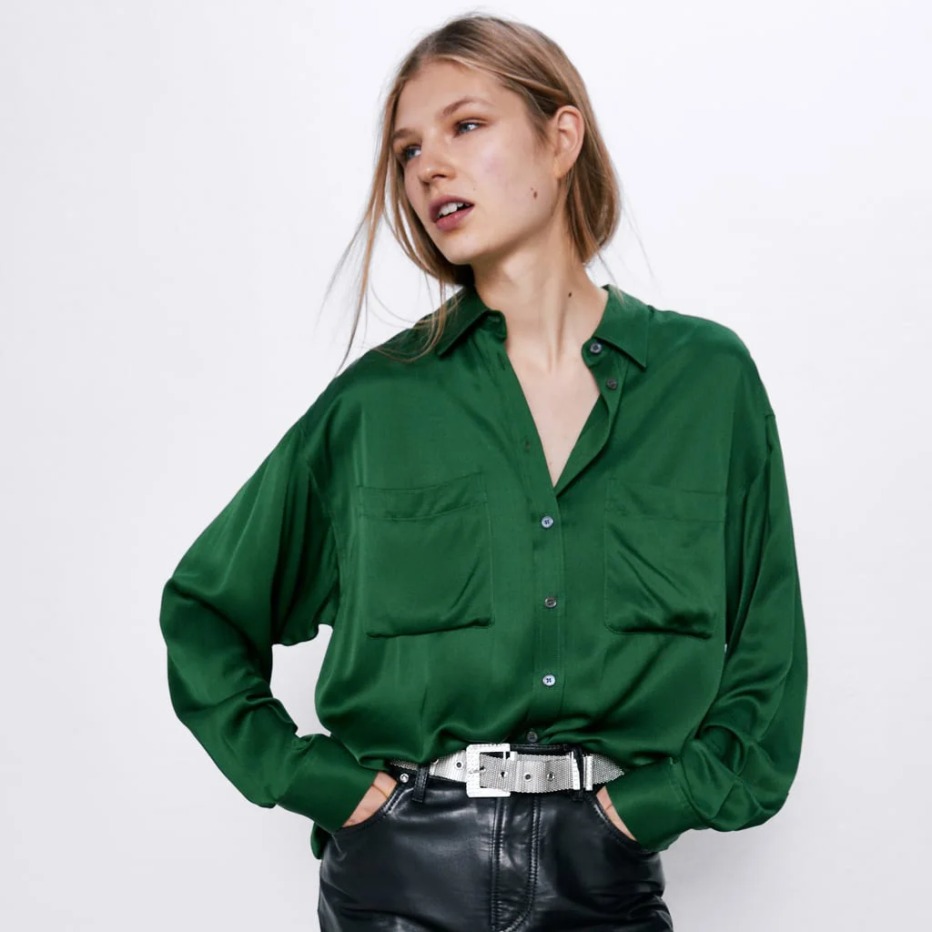 Новинка, модная однотонная темпераментная рубашка, женская осенняя одежда, повседневная офисная одежда, свободная зеленая рубашка, дикие топы