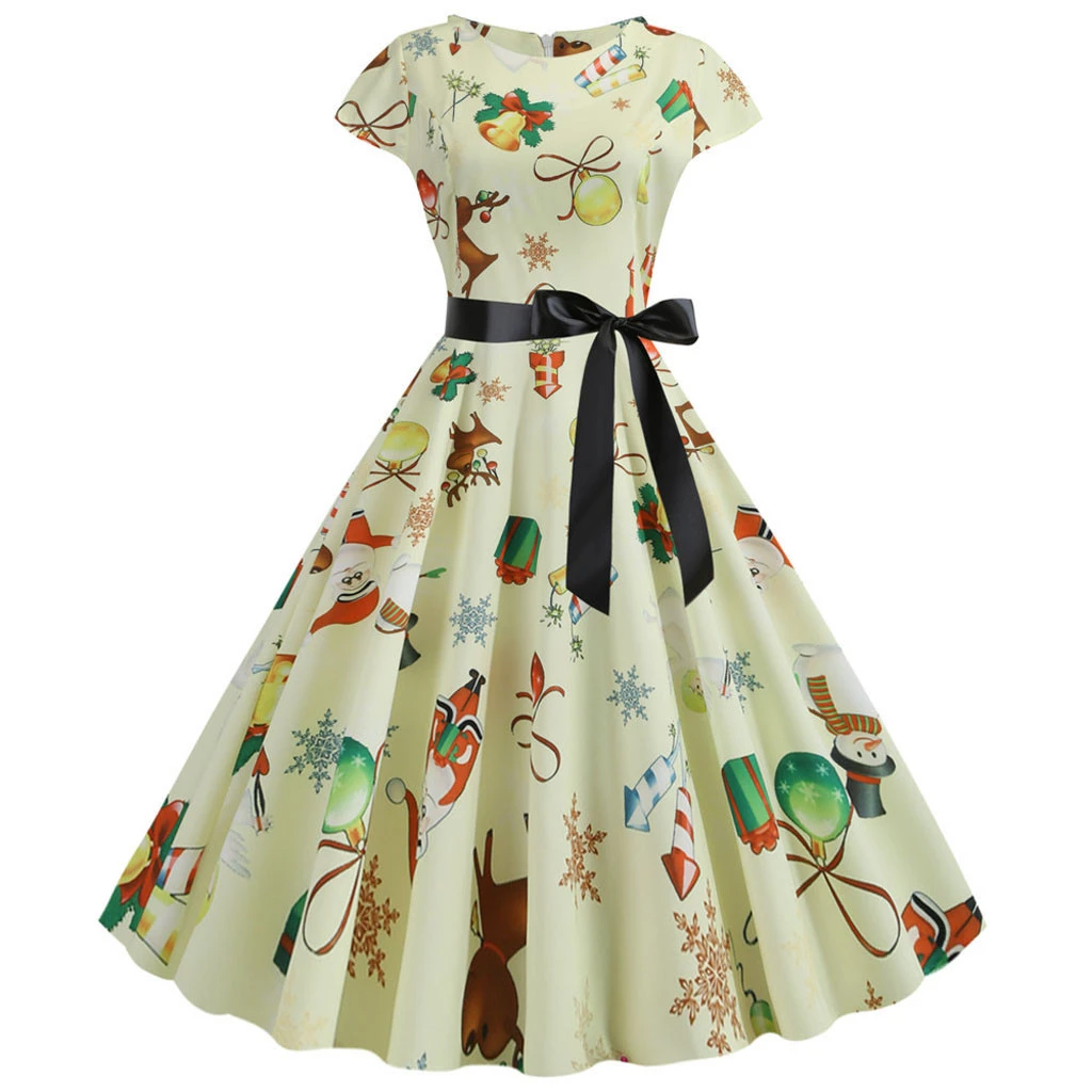 JAYCOSIN Fashion Womens Christmas Dress  Santa Claus Stripe Print Vintage Swing Dress Vestido Navidad Mujer Xmas Dress Beige 918