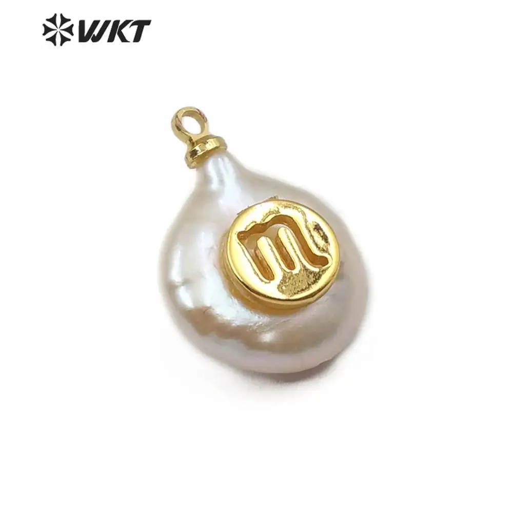 

WT-JP161 twelve constellations gold pattern carved Pendant round shape pearl Pendant special gift for women Necklace Jewelry