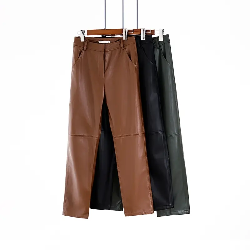 Pants Women Trousers Fleece Toppies Spliced Streetwear High-Waist Winter Solid Pu Straight