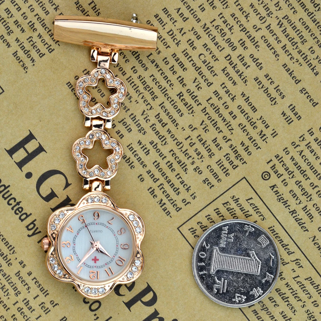 Nurse Nursing Chain Brooch Crystal Rhinestone Flower Pendant Fob Pocket Watch
