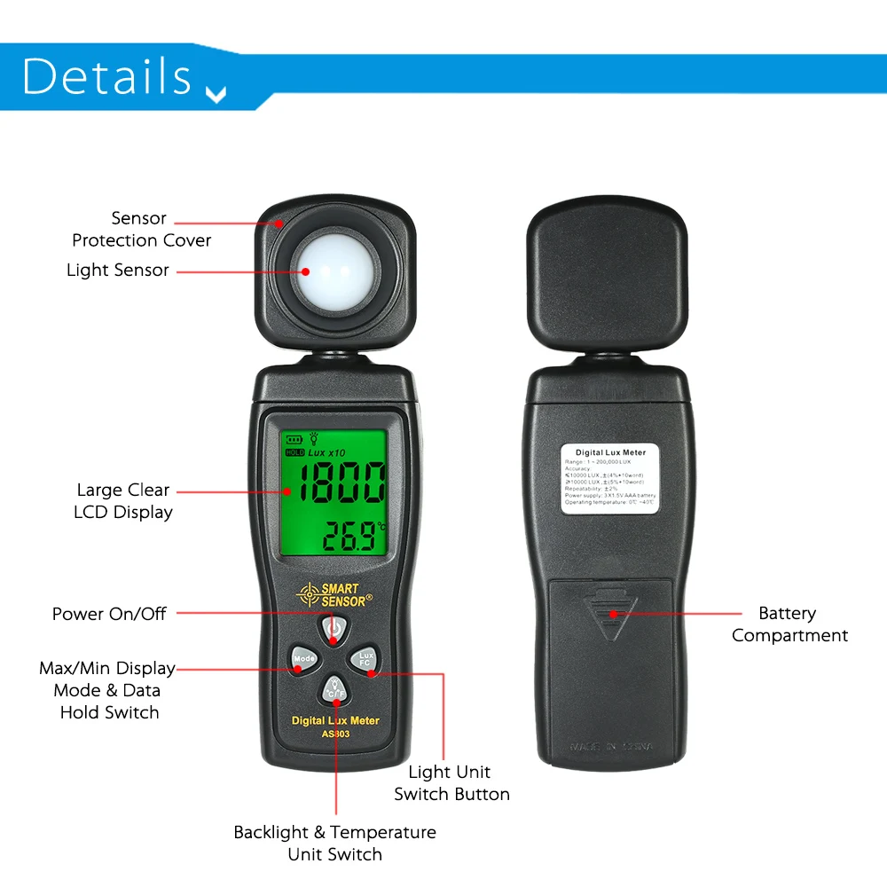 Умный датчик Luxmeter цифровой измеритель освещенности люксометр фотометр УФ