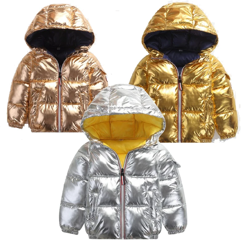 Одежда для мальчиков; хлопковое пуховое пальто для девочек; зимняя куртка; Детский водонепроницаемый Зимний комбинезон; цвет металлик; серебристая парка с капюшоном; пальто для девочек