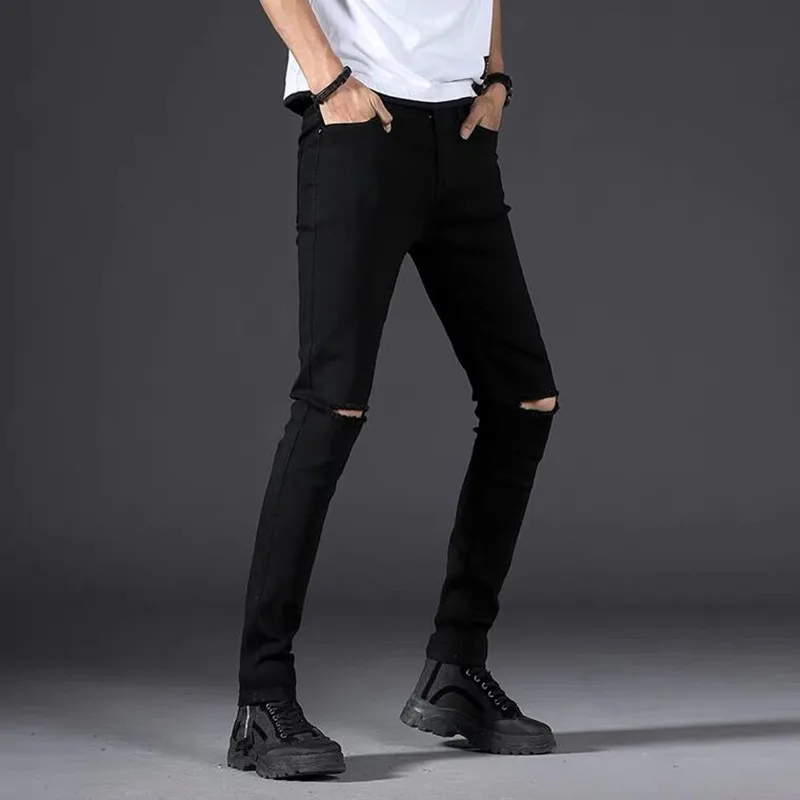 Men's Skinny Jeans Knee Ripped Hole Little Feet Pants Elasticity Slimming Hip Hop Denim Trousers