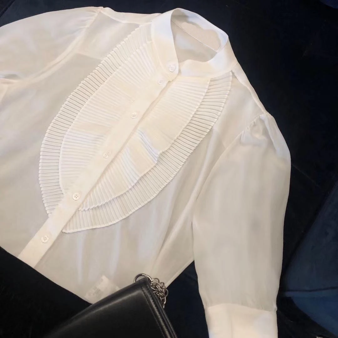 

2019 new ladies fashion long-sleeved sexy stand-up stitching ruffled pleated silk shirt 0808