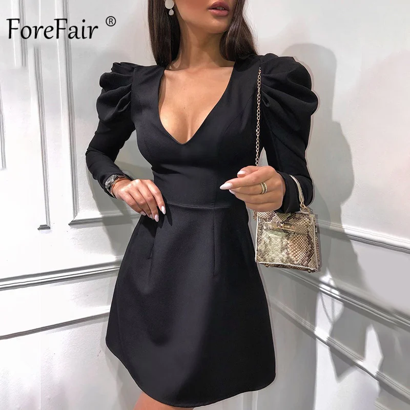 Forefair мини черное платье с пышными рукавами и v образным вырезом однотонное
