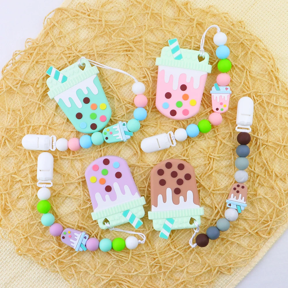 

Ice Cream Shape Teether Teething For Baby Infant Silicone BPA Free Food Grade Silicone Teether For 15mm Round Colorful Beads